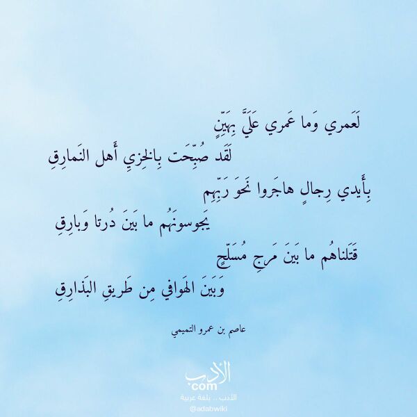 اقتباس من قصيدة لعمري وما عمري علي بهين لـ عاصم بن عمرو التميمي